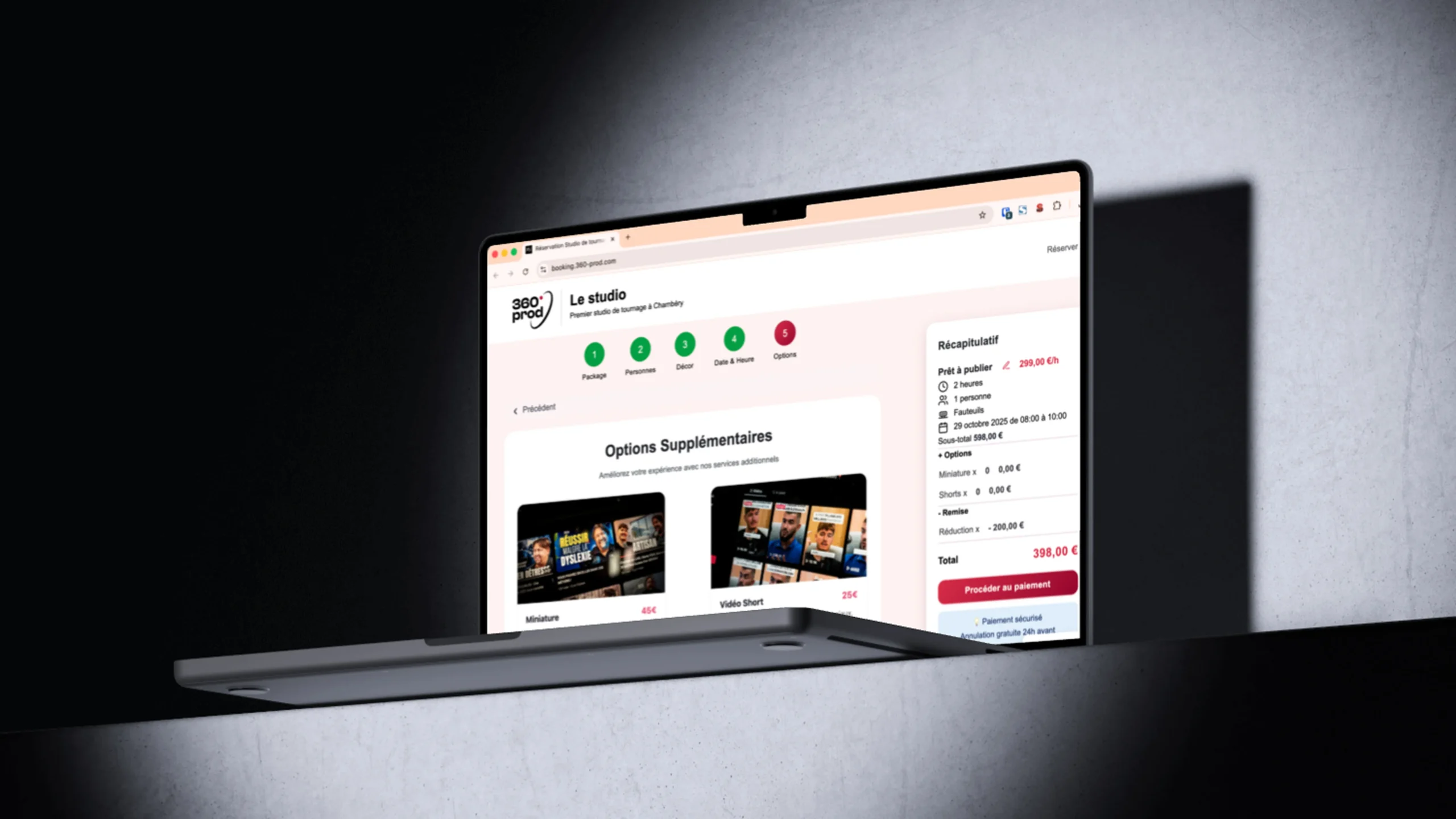 Site de réservation de salle de podcast pour 360 prod par Hopsite
